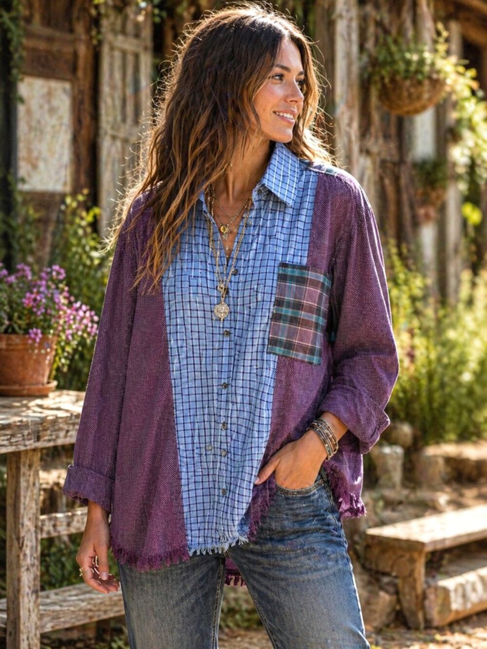 Upcycled Patchwork Button-Down Shirt Boho Blue Purple Polka Dot Top Size M - L